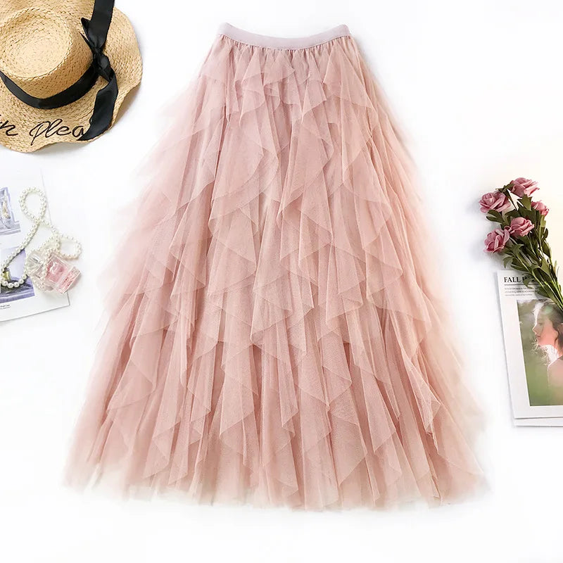 Fashion Tutu Tulle Skirt Women Long Maxi Skirt 2024 Spring Summer Korean Black Pink High Waist Pleated Skirt Female