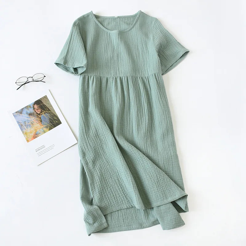 Gauze Cotton Pajama Dress Nightwear Woman Sleepwear Summer Solid Color Short Sleeve Sleeping Nightgowns Loose Night Dress