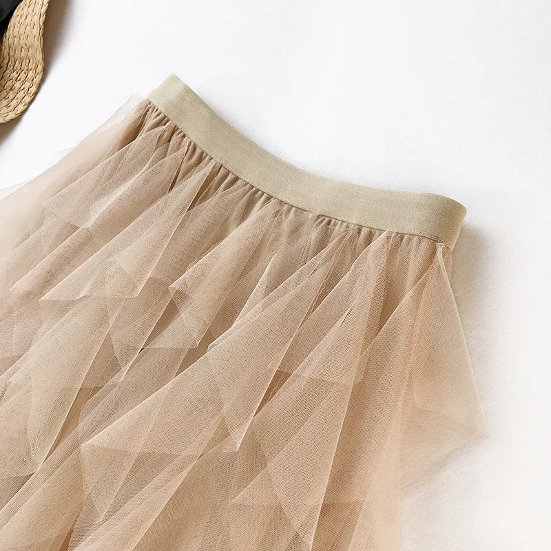 Fashion Tutu Tulle Skirt Women Long Maxi Skirt 2024 Spring Summer Korean Black Pink High Waist Pleated Skirt Female
