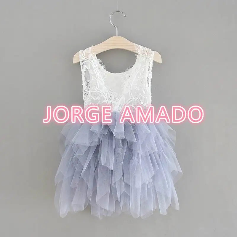Summer Girl Dress Eyelashes Back Thin Lace Top Flat Skirt Tulle Gauze Princess Dress Children Clothing E15180