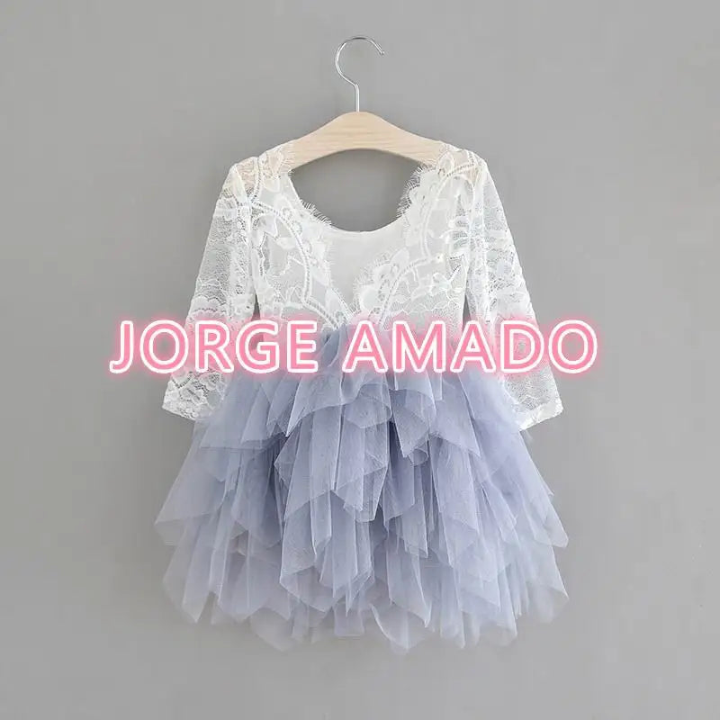 Summer Girl Dress Eyelashes Back Thin Lace Top Flat Skirt Tulle Gauze Princess Dress Children Clothing E15180