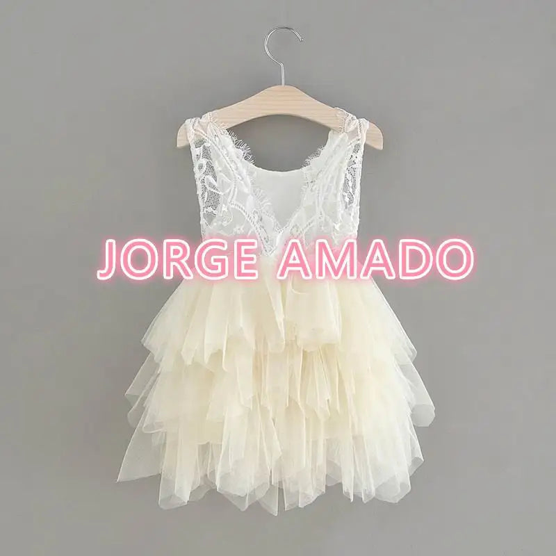 Summer Girl Dress Eyelashes Back Thin Lace Top Flat Skirt Tulle Gauze Princess Dress Children Clothing E15180