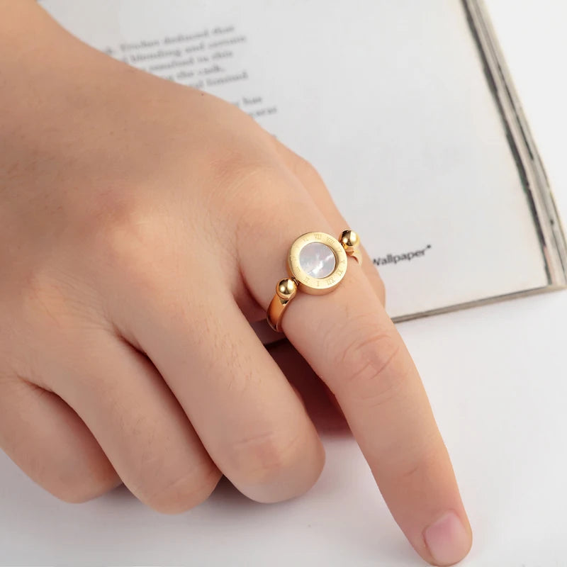 Classic Design Can Be Rotated Enamel And Shell Roman Numeral Beautiful Woman Ring Stainless Steel Brand Ring Jewelry For Women'S