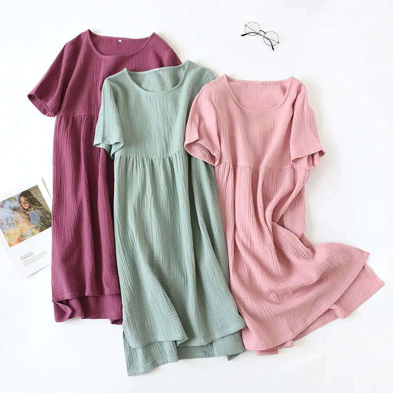 Gauze Cotton Pajama Dress Nightwear Woman Sleepwear Summer Solid Color Short Sleeve Sleeping Nightgowns Loose Night Dress