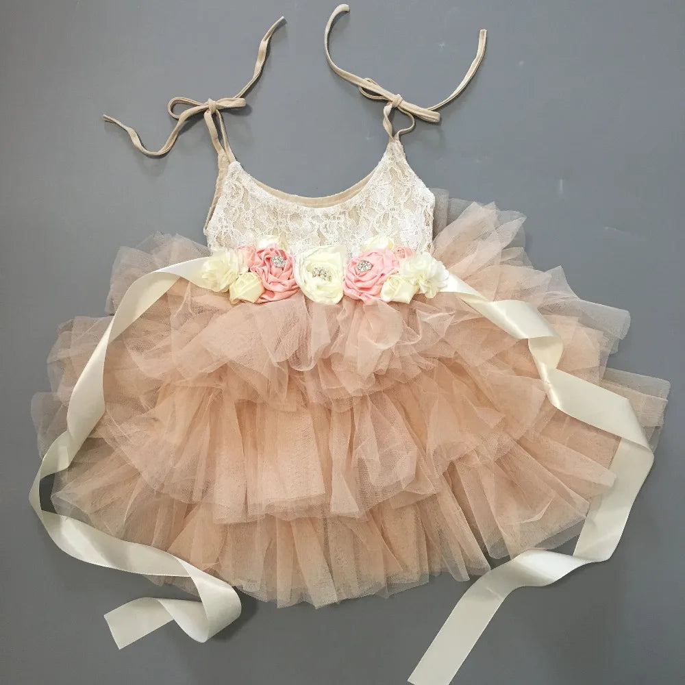 Toddler Baby Girls 1st Birthday Dress for Kids Flowers Girls Wedding Costume Belt Headband 3pcs Outfit Set Child Princess Gown