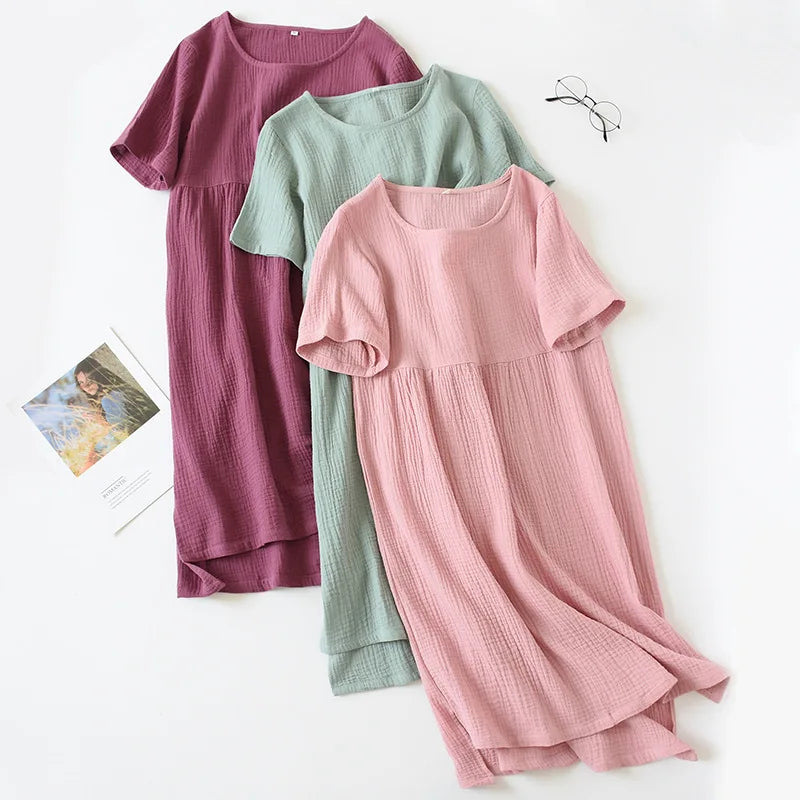 Gauze Cotton Pajama Dress Nightwear Woman Sleepwear Summer Solid Color Short Sleeve Sleeping Nightgowns Loose Night Dress