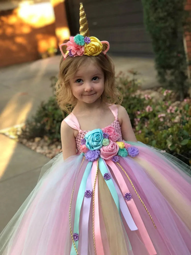 Girls Unicorn Pastel Tutu Ball Gown – Crochet Strap Dress with Daisy Ribbons, Ages 6M–12Y