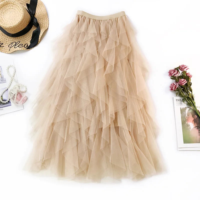 Fashion Tutu Tulle Skirt Women Long Maxi Skirt 2024 Spring Summer Korean Black Pink High Waist Pleated Skirt Female