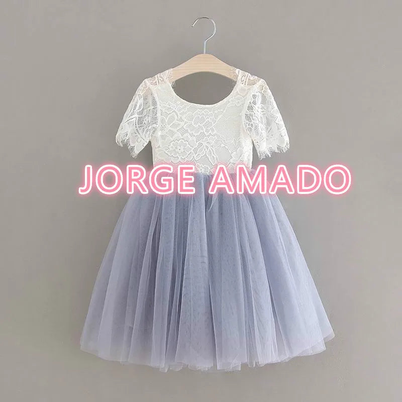 Summer Girl Dress Eyelashes Back Thin Lace Top Flat Skirt Tulle Gauze Princess Dress Children Clothing E15180