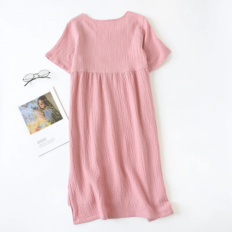 Gauze Cotton Pajama Dress Nightwear Woman Sleepwear Summer Solid Color Short Sleeve Sleeping Nightgowns Loose Night Dress
