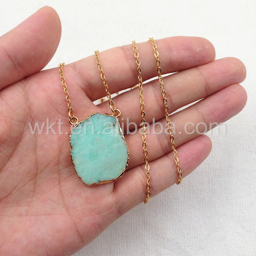 WT-N753 Wholesale 5PCS Chrysoprase Chain Necklace Jewelry Natural With Double Loops In 24k Gold Plated Friends Gift