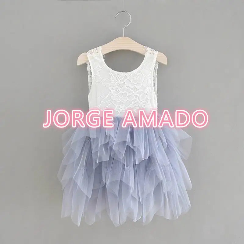 Summer Girl Dress Eyelashes Back Thin Lace Top Flat Skirt Tulle Gauze Princess Dress Children Clothing E15180