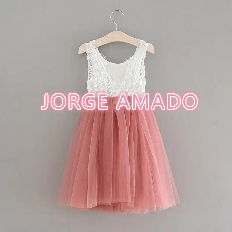 Summer Girl Dress Eyelashes Back Thin Lace Top Flat Skirt Tulle Gauze Princess Dress Children Clothing E15180