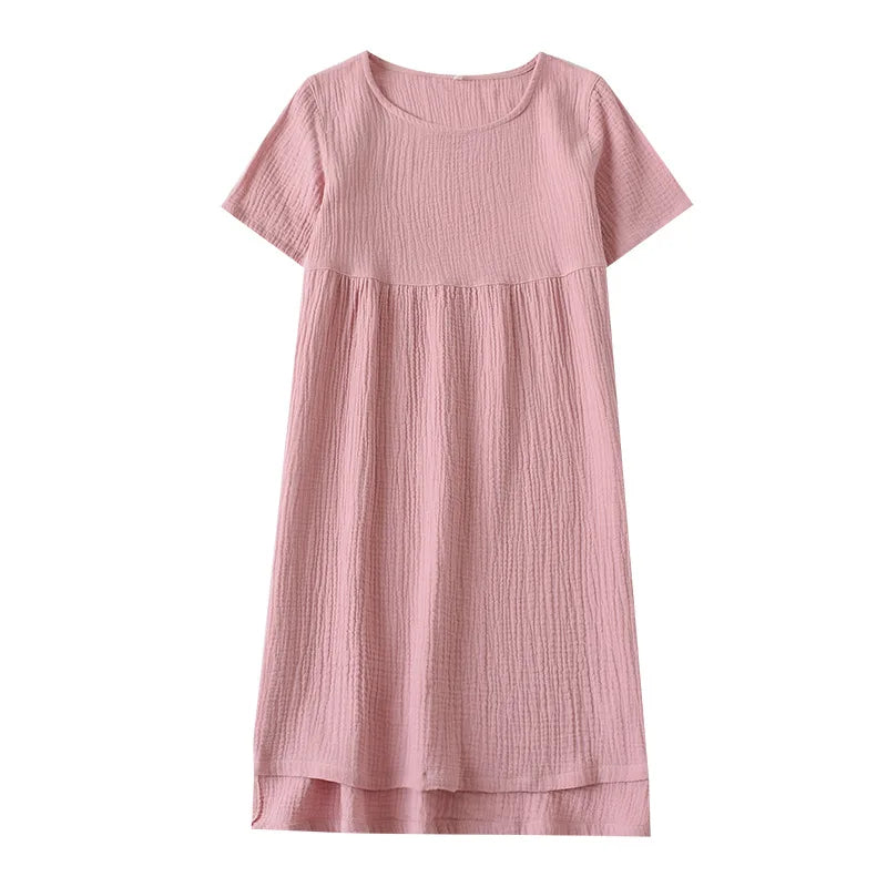 Gauze Cotton Pajama Dress Nightwear Woman Sleepwear Summer Solid Color Short Sleeve Sleeping Nightgowns Loose Night Dress