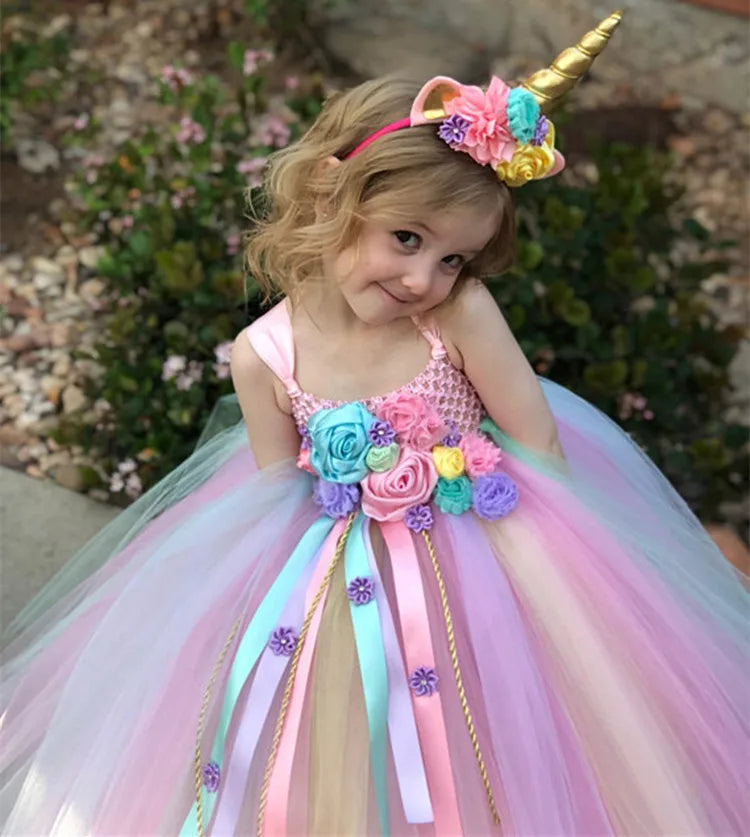 Girls Unicorn Pastel Tutu Ball Gown – Crochet Strap Dress with Daisy Ribbons, Ages 6M–12Y