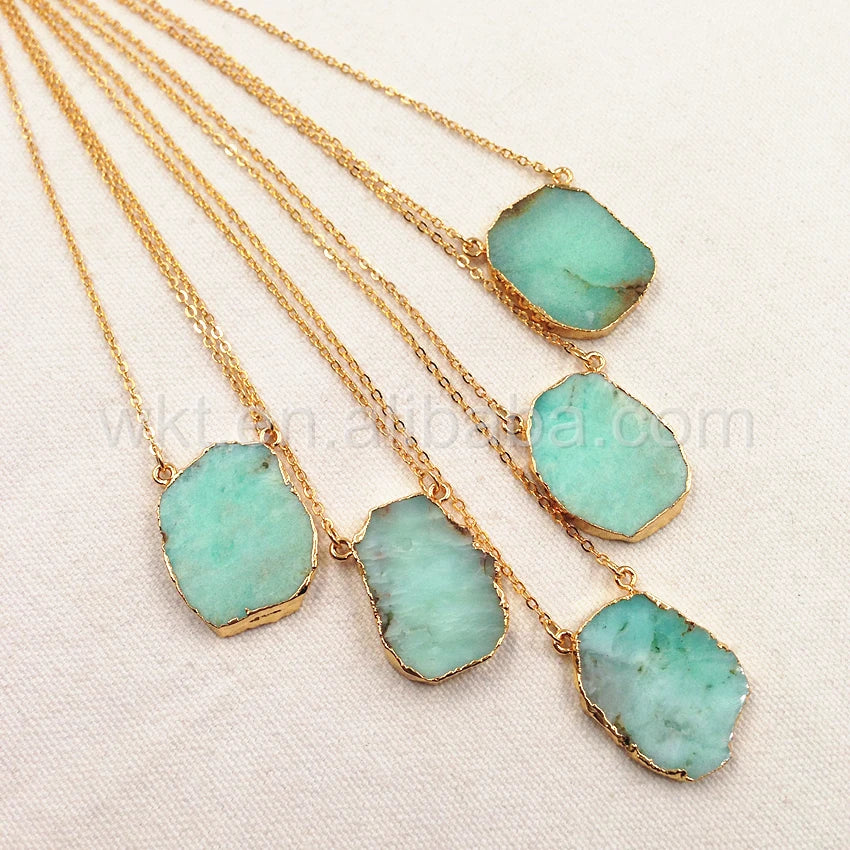 WT-N753 Wholesale 5PCS Chrysoprase Chain Necklace Jewelry Natural With Double Loops In 24k Gold Plated Friends Gift
