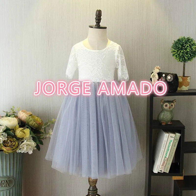 Summer Girl Dress Eyelashes Back Thin Lace Top Flat Skirt Tulle Gauze Princess Dress Children Clothing E15180