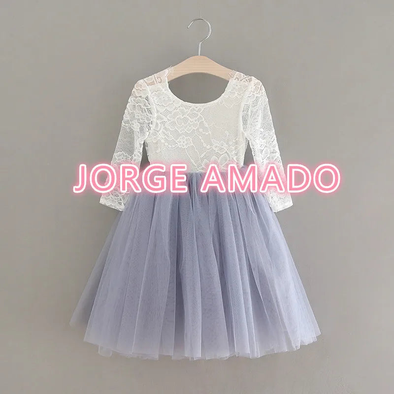 Summer Girl Dress Eyelashes Back Thin Lace Top Flat Skirt Tulle Gauze Princess Dress Children Clothing E15180