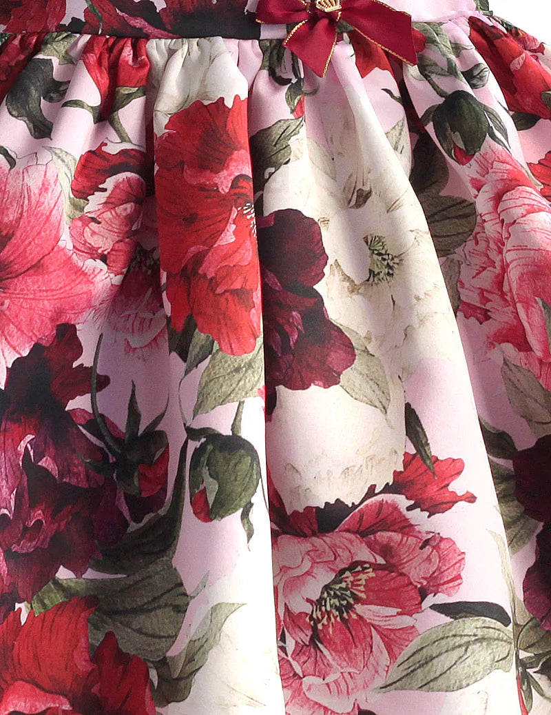 Fashion Floral Girls Party Dress Red Cotton Kids Children Dresses Golden Crown Bow Girl Clothing for Party Wedding