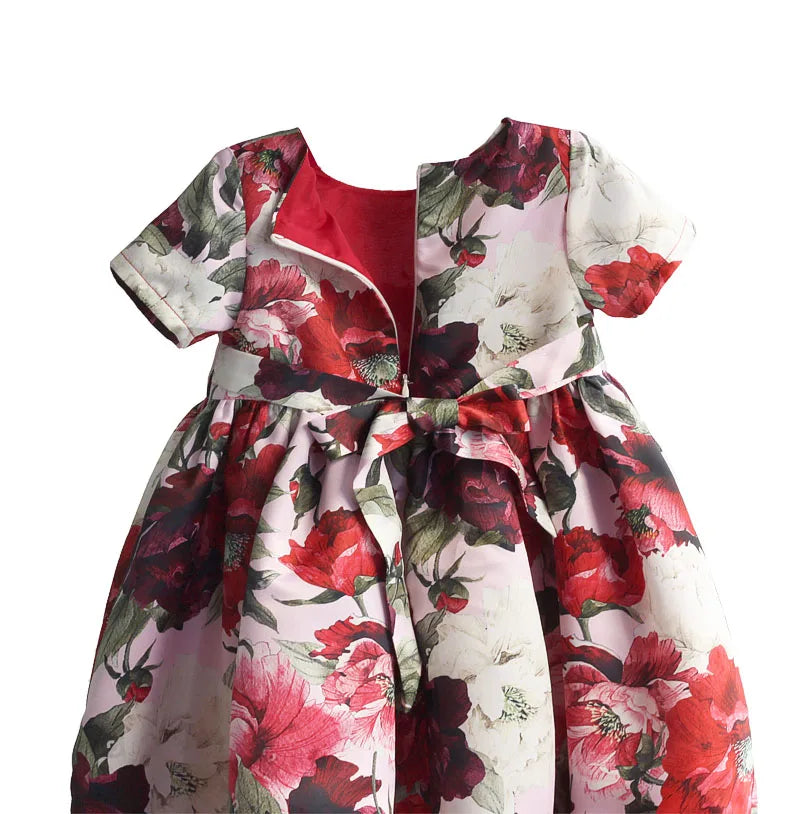 Fashion Floral Girls Party Dress Red Cotton Kids Children Dresses Golden Crown Bow Girl Clothing for Party Wedding