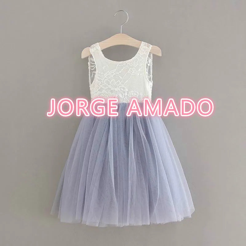 Summer Girl Dress Eyelashes Back Thin Lace Top Flat Skirt Tulle Gauze Princess Dress Children Clothing E15180