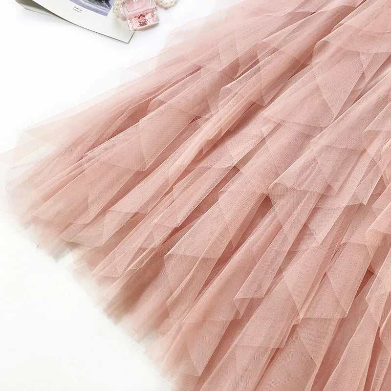Fashion Tutu Tulle Skirt Women Long Maxi Skirt 2024 Spring Summer Korean Black Pink High Waist Pleated Skirt Female