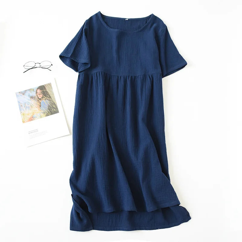Gauze Cotton Pajama Dress Nightwear Woman Sleepwear Summer Solid Color Short Sleeve Sleeping Nightgowns Loose Night Dress
