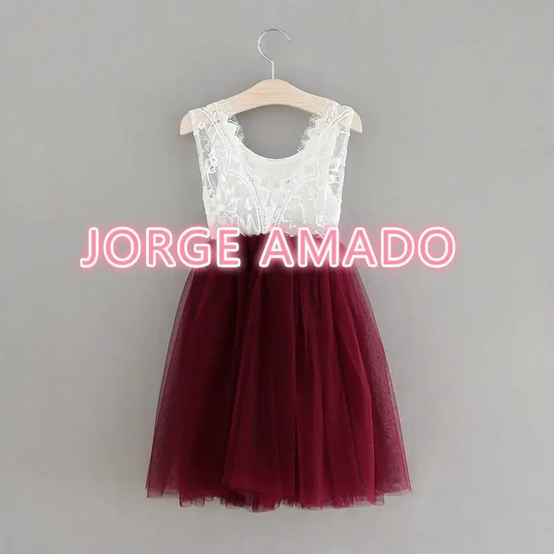 Summer Girl Dress Eyelashes Back Thin Lace Top Flat Skirt Tulle Gauze Princess Dress Children Clothing E15180