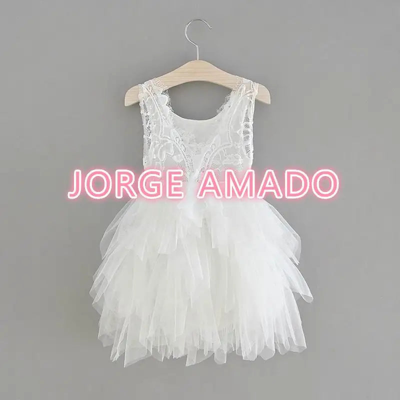 Summer Girl Dress Eyelashes Back Thin Lace Top Flat Skirt Tulle Gauze Princess Dress Children Clothing E15180