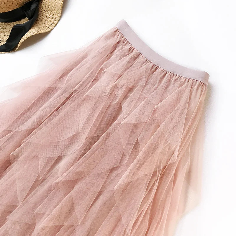 Fashion Tutu Tulle Skirt Women Long Maxi Skirt 2024 Spring Summer Korean Black Pink High Waist Pleated Skirt Female