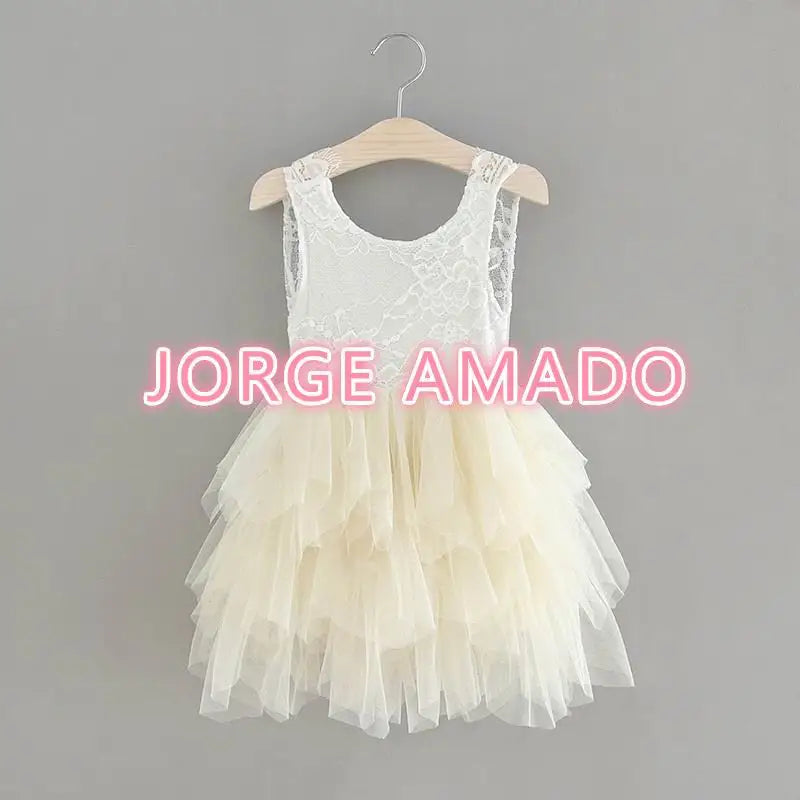 Summer Girl Dress Eyelashes Back Thin Lace Top Flat Skirt Tulle Gauze Princess Dress Children Clothing E15180