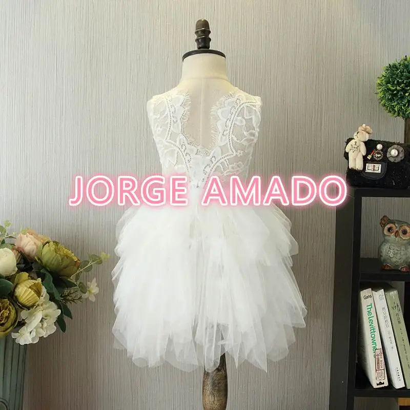 Summer Girl Dress Eyelashes Back Thin Lace Top Flat Skirt Tulle Gauze Princess Dress Children Clothing E15180