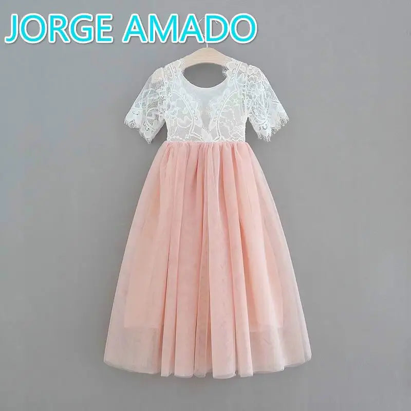 Summer Girl Dress Eyelashes Back Thin Lace Top Flat Skirt Tulle Gauze Princess Dress Children Clothing E15180