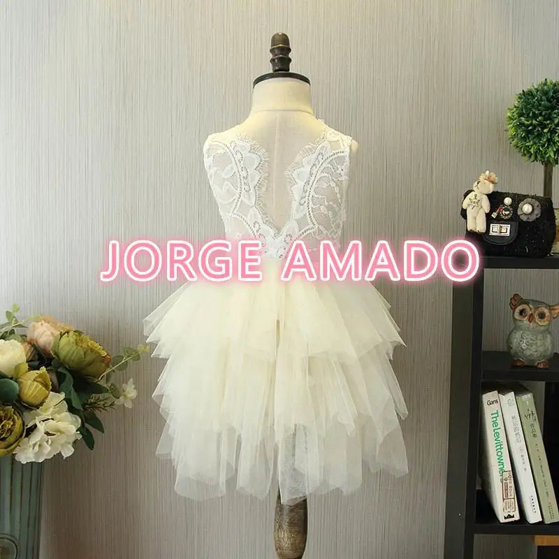 Summer Girl Dress Eyelashes Back Thin Lace Top Flat Skirt Tulle Gauze Princess Dress Children Clothing E15180