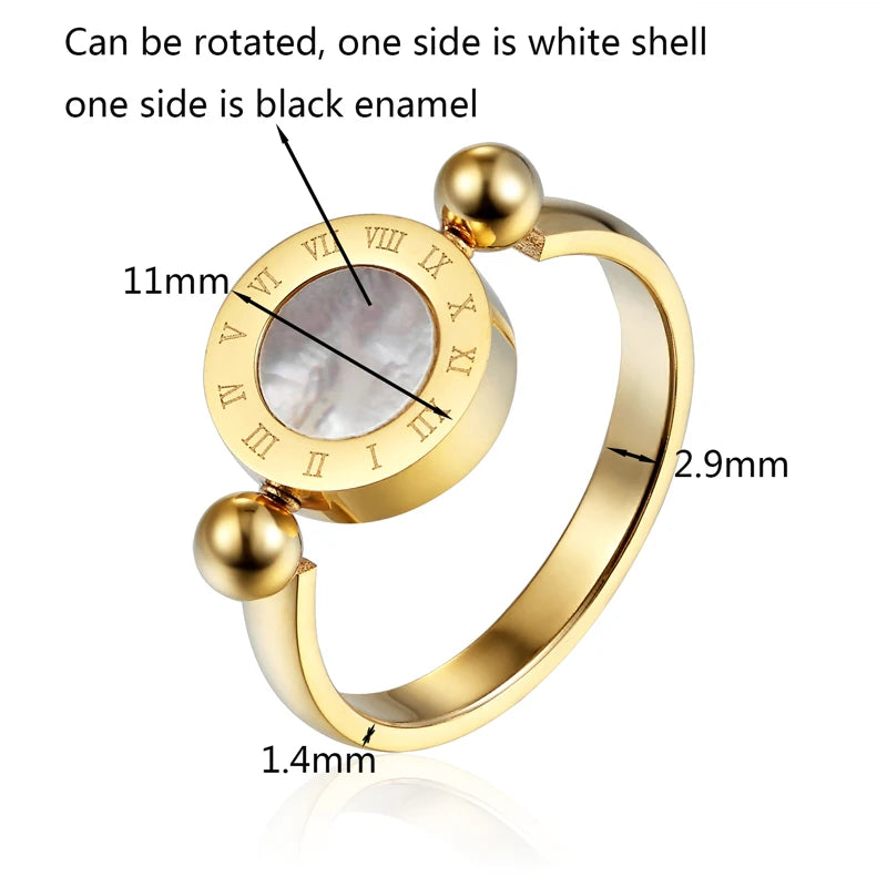 Classic Design Can Be Rotated Enamel And Shell Roman Numeral Beautiful Woman Ring Stainless Steel Brand Ring Jewelry For Women'S