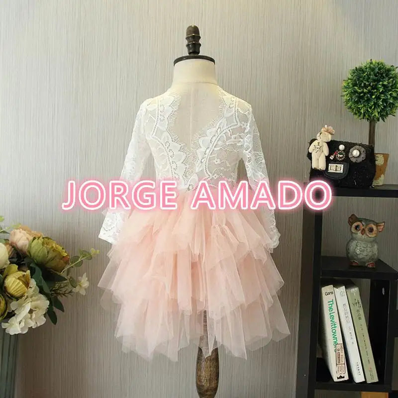 Summer Girl Dress Eyelashes Back Thin Lace Top Flat Skirt Tulle Gauze Princess Dress Children Clothing E15180