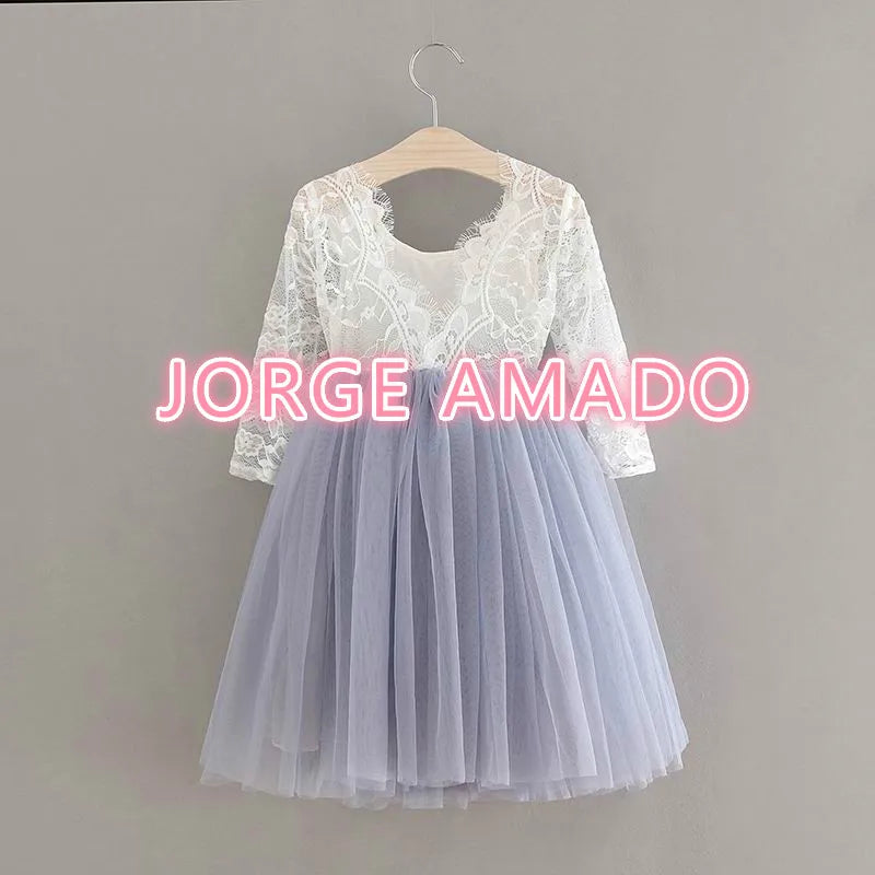 Summer Girl Dress Eyelashes Back Thin Lace Top Flat Skirt Tulle Gauze Princess Dress Children Clothing E15180