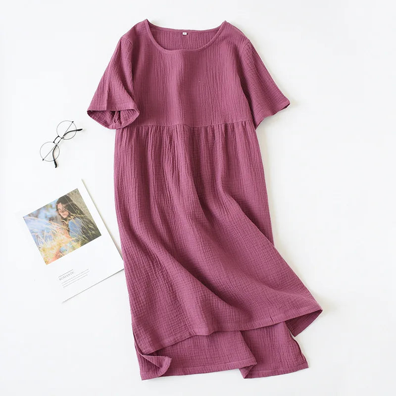 Gauze Cotton Pajama Dress Nightwear Woman Sleepwear Summer Solid Color Short Sleeve Sleeping Nightgowns Loose Night Dress