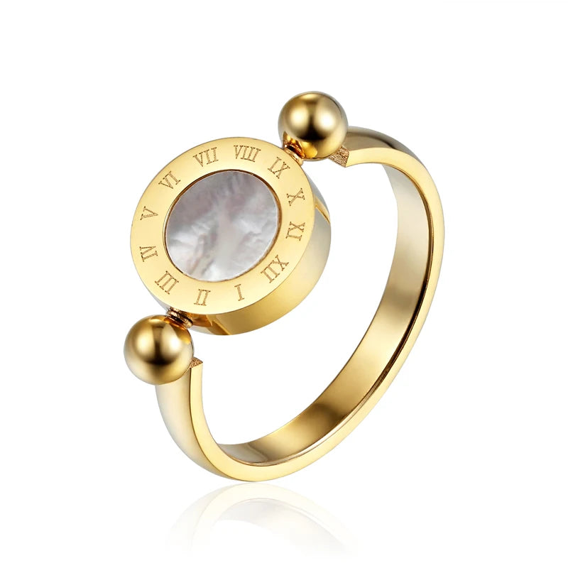 Classic Design Can Be Rotated Enamel And Shell Roman Numeral Beautiful Woman Ring Stainless Steel Brand Ring Jewelry For Women'S