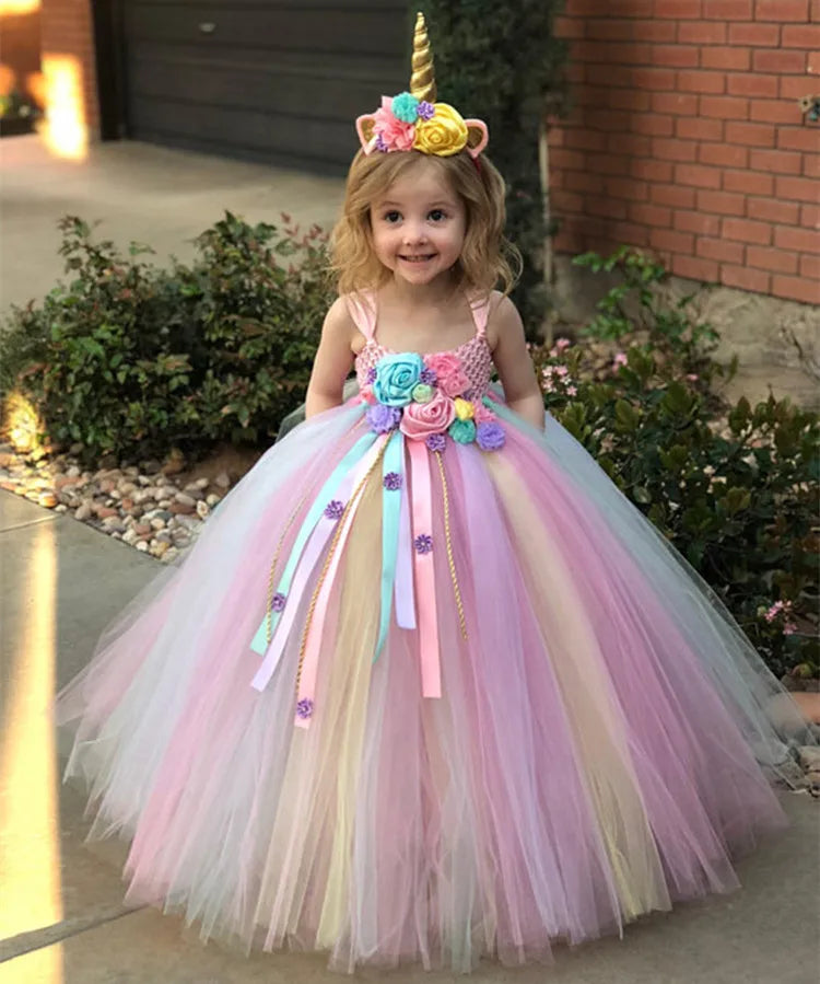Girls Unicorn Pastel Tutu Ball Gown – Crochet Strap Dress with Daisy Ribbons, Ages 6M–12Y