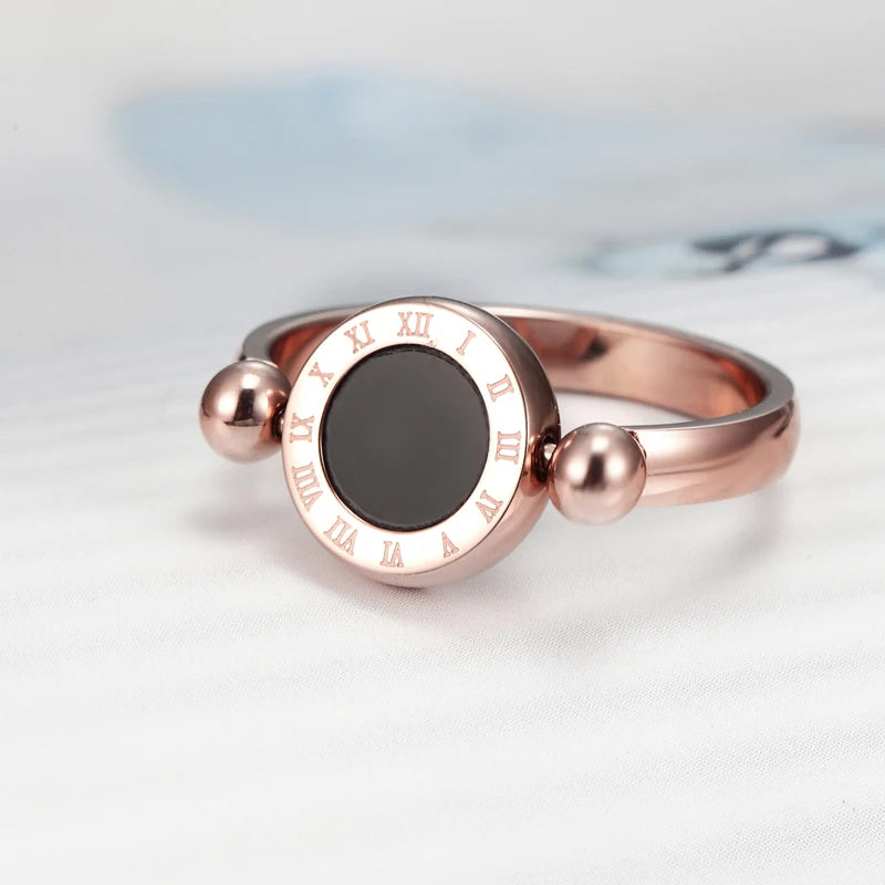 Classic Design Can Be Rotated Enamel And Shell Roman Numeral Beautiful Woman Ring Stainless Steel Brand Ring Jewelry For Women'S