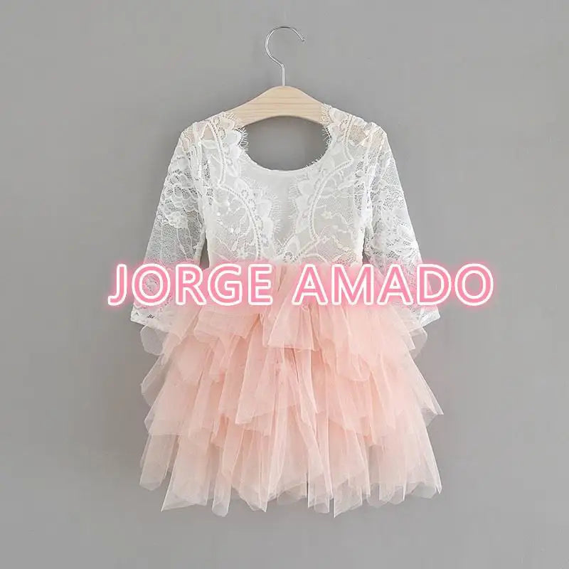 Summer Girl Dress Eyelashes Back Thin Lace Top Flat Skirt Tulle Gauze Princess Dress Children Clothing E15180