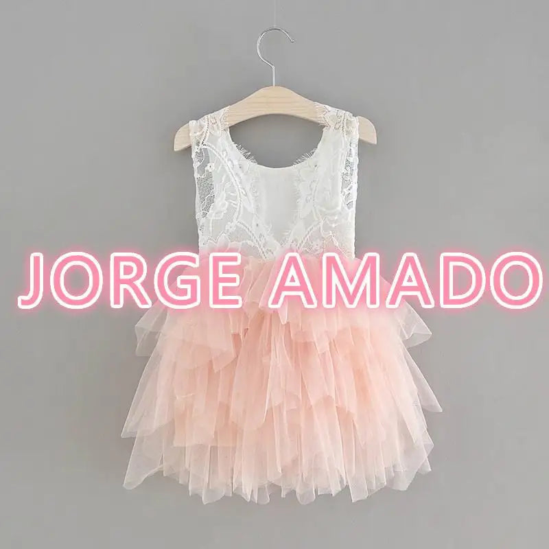 Summer Girl Dress Eyelashes Back Thin Lace Top Flat Skirt Tulle Gauze Princess Dress Children Clothing E15180