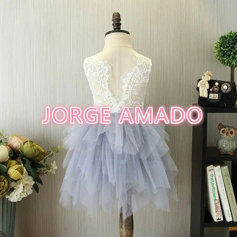 Summer Girl Dress Eyelashes Back Thin Lace Top Flat Skirt Tulle Gauze Princess Dress Children Clothing E15180
