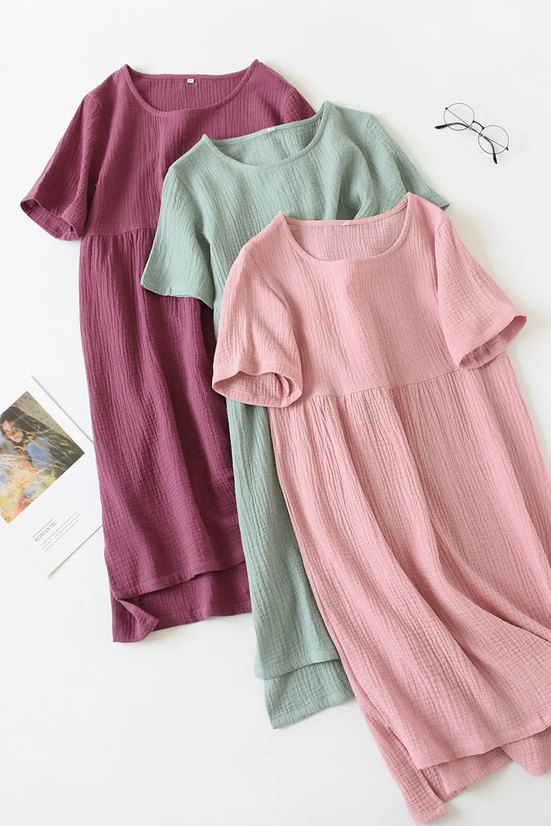 Gauze Cotton Pajama Dress Nightwear Woman Sleepwear Summer Solid Color Short Sleeve Sleeping Nightgowns Loose Night Dress