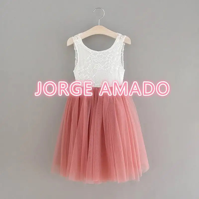 Summer Girl Dress Eyelashes Back Thin Lace Top Flat Skirt Tulle Gauze Princess Dress Children Clothing E15180