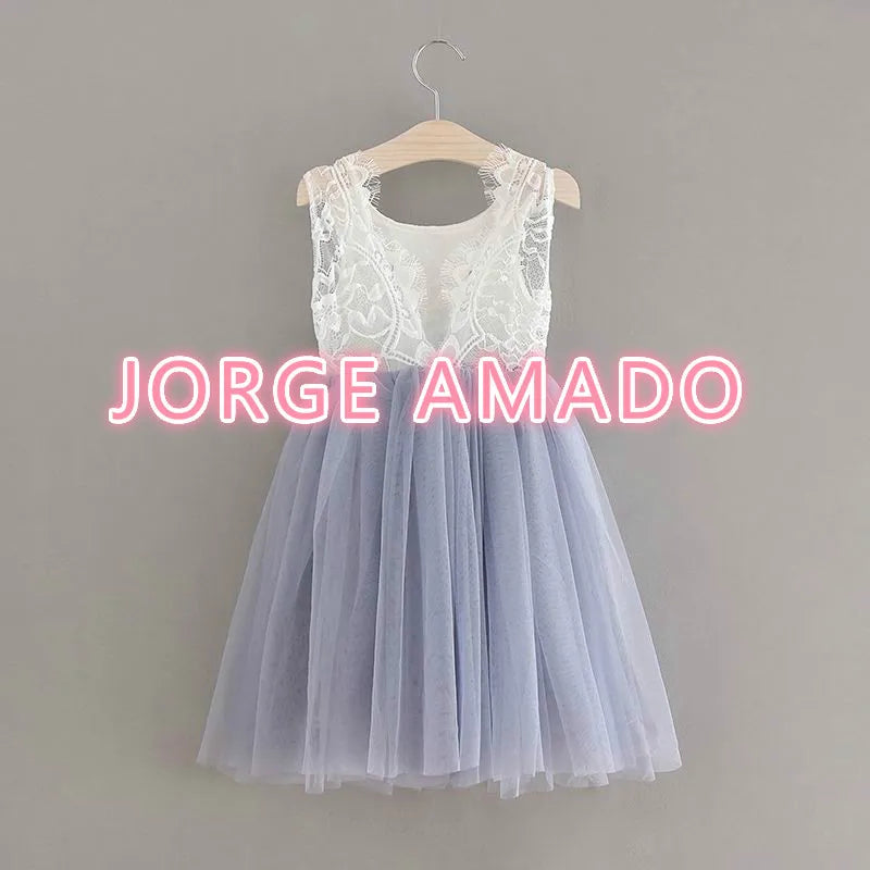 Summer Girl Dress Eyelashes Back Thin Lace Top Flat Skirt Tulle Gauze Princess Dress Children Clothing E15180