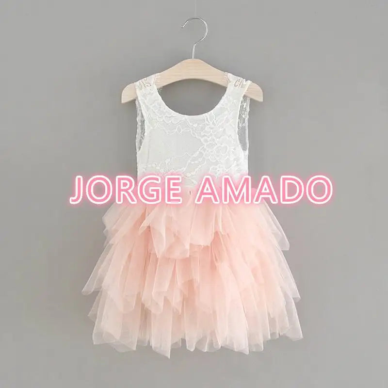 Summer Girl Dress Eyelashes Back Thin Lace Top Flat Skirt Tulle Gauze Princess Dress Children Clothing E15180