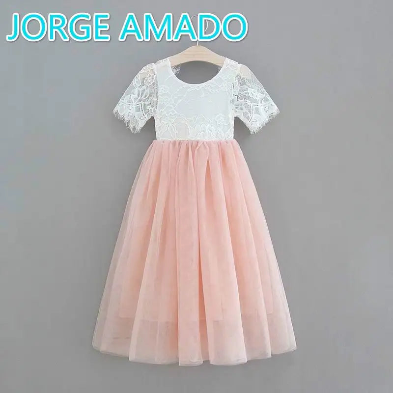 Summer Girl Dress Eyelashes Back Thin Lace Top Flat Skirt Tulle Gauze Princess Dress Children Clothing E15180