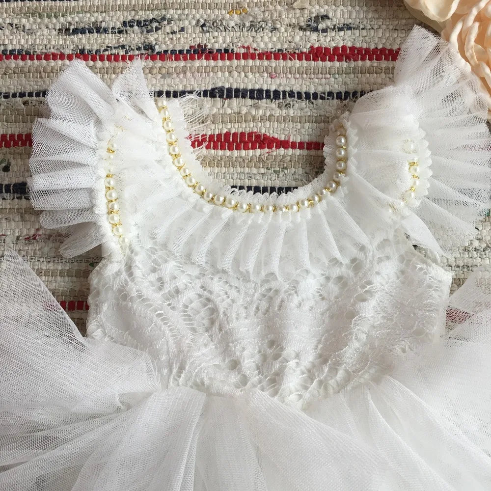 Spanish Toddler Girls Beading Dress for Baby Baptism Dress Birthday Kids Flutter Sleeve Tutu Princess Vestido Clothing
